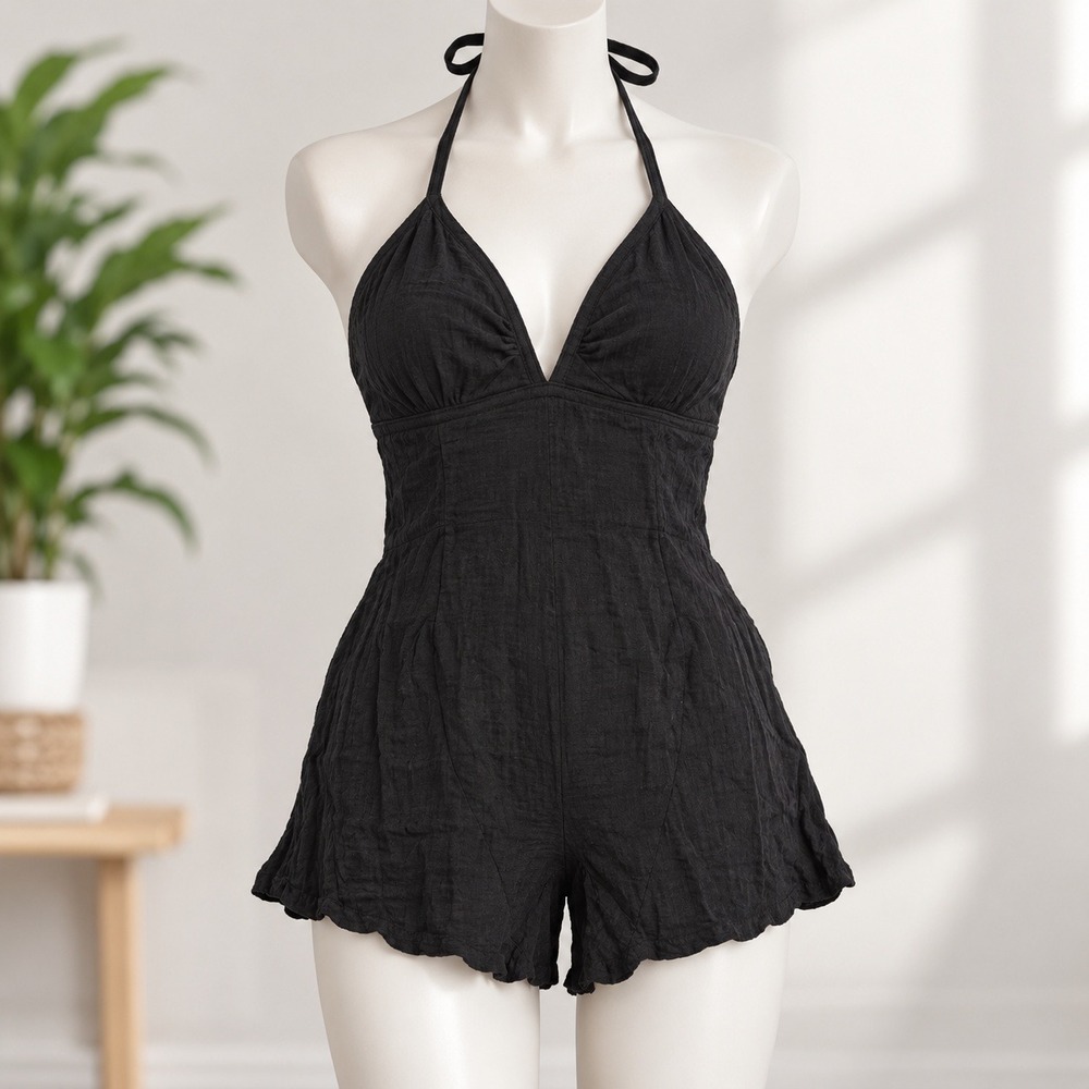 Urban Outfitters Halter Romper Womens XS Black Textured Deep V-Neck Sleeveless